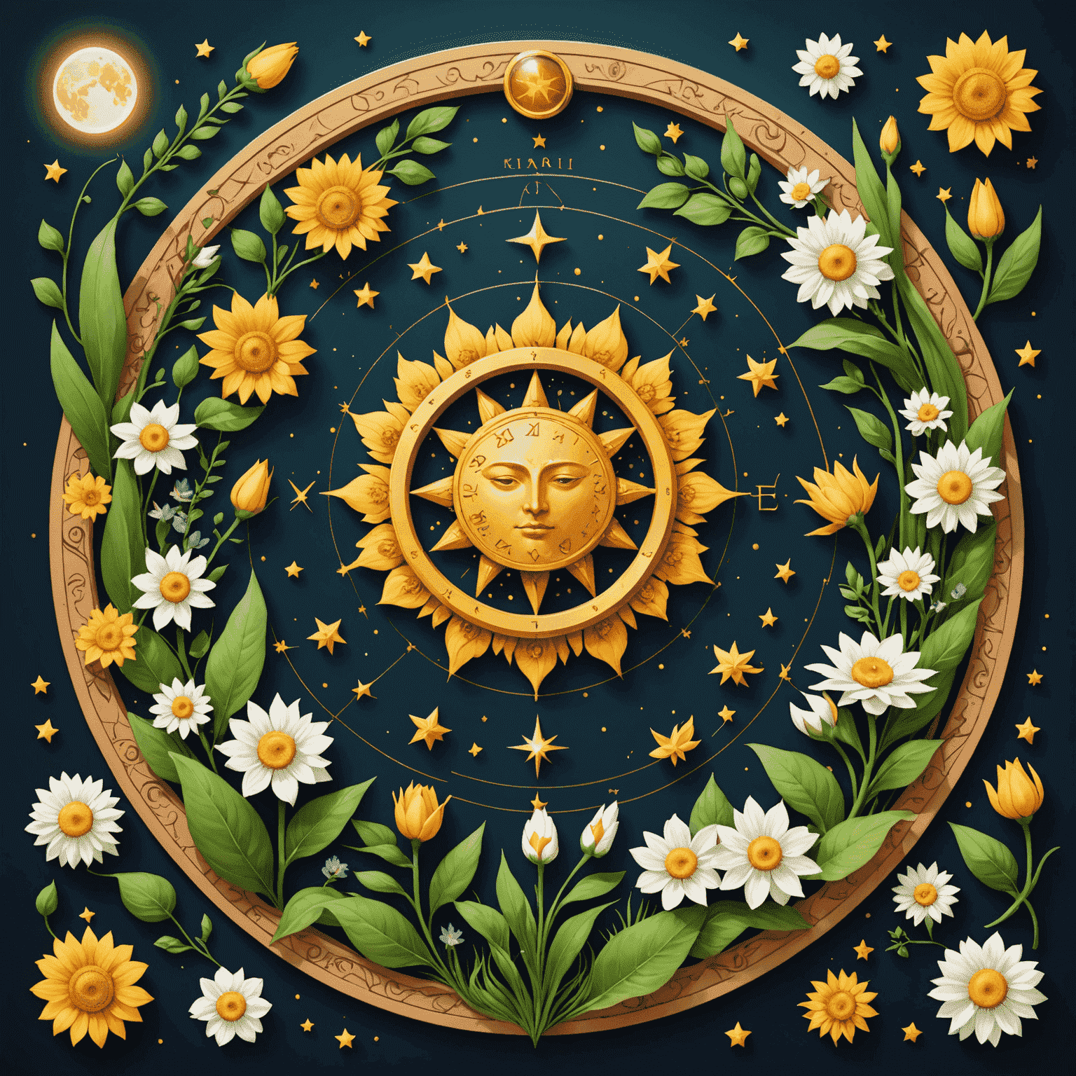 Ilustrace jarní rovnodennosti s astrologickými symboly a kvetoucími rostlinami